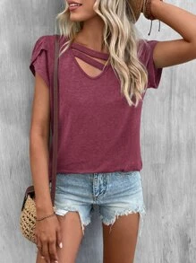 SHEIN LUNE Petal Sleeve Cut Out Front Tee - Red Violet - View 6