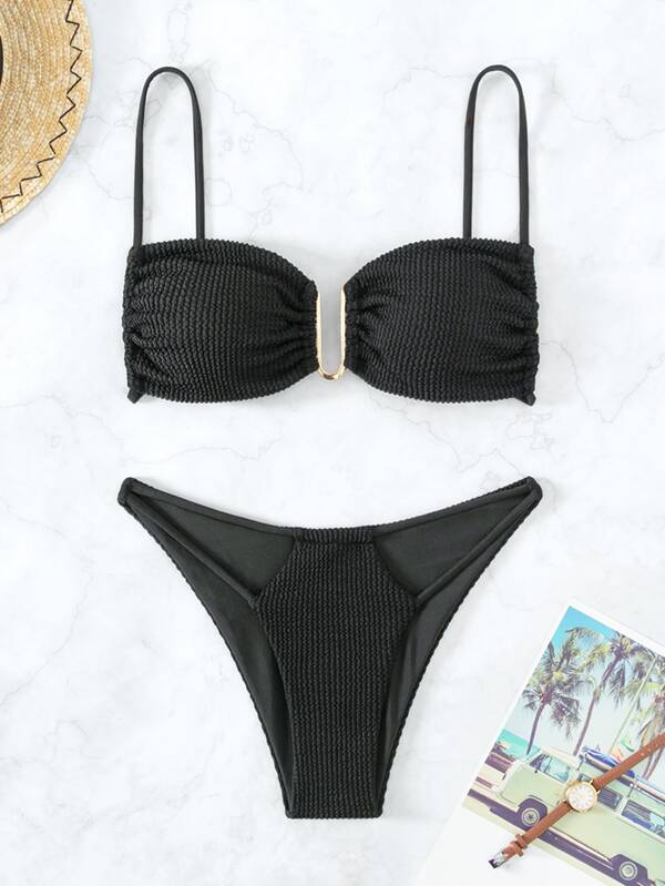 純色褶飾比基尼套裝夏日海灘