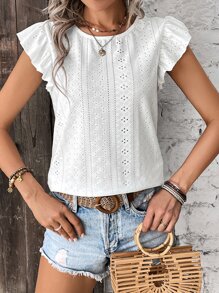 SHEIN VCAY Eyelet Embroidery Tie Back Butterfly Sleeve Tee - White - View 5