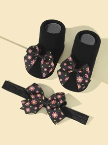 1入組嬰兒花卉圖案蝴蝶結裝飾髮帶和1雙襪子