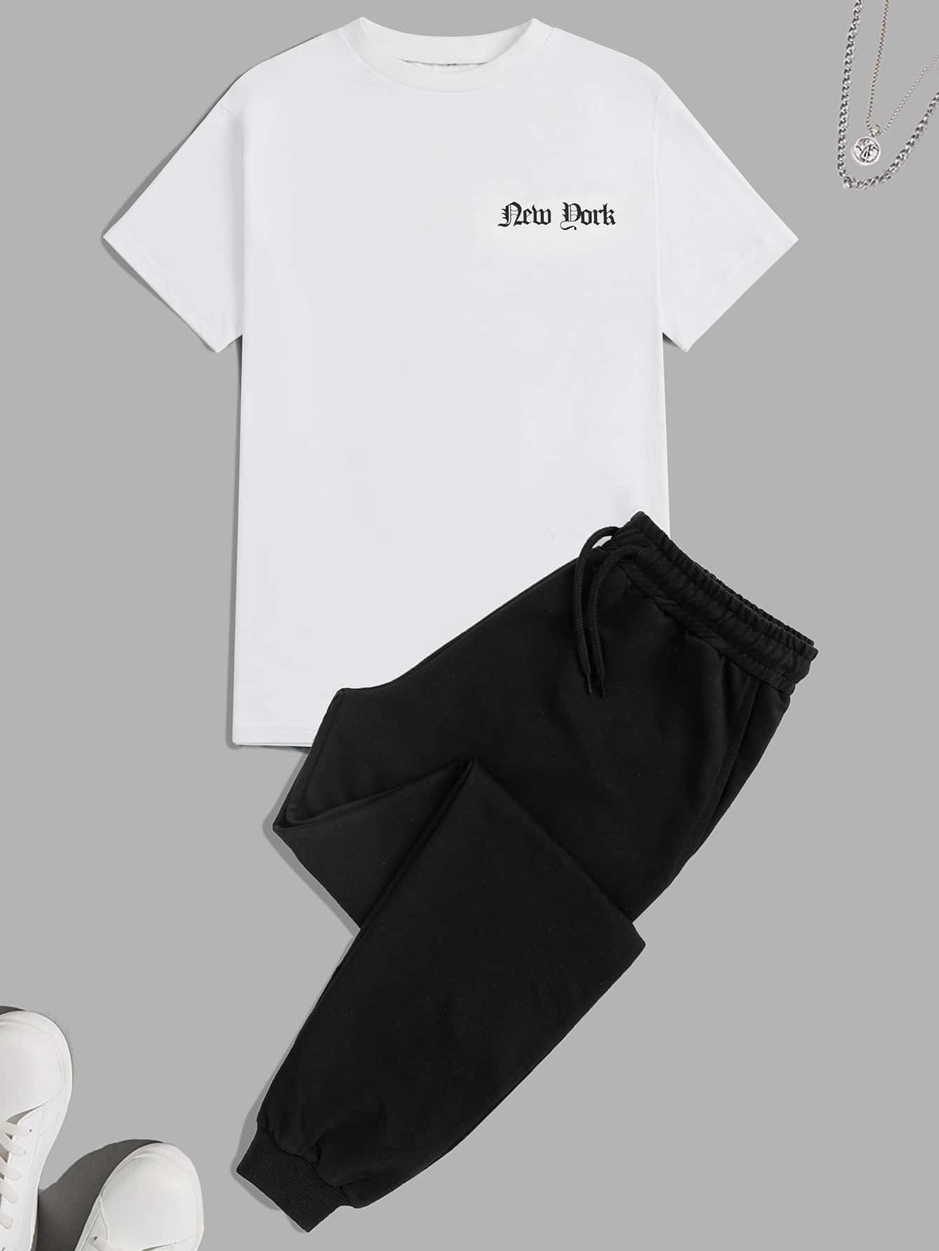 RueChic Men Letter Graphic Tee & Drawstring Waist Joggers - Black and White - View 1