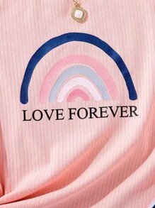 少女彩虹與字母圖案t恤和條紋束腰長褲 - 粉色 - 查看 7