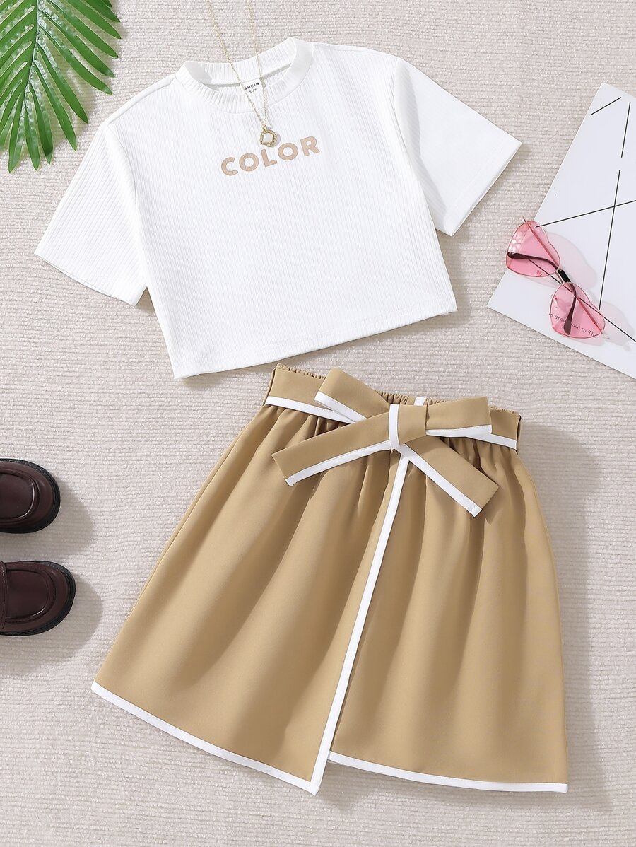 Girls Letter Graphic Tee & Contrast Binding Asymmetrical Skirt - Multicolor - View 1