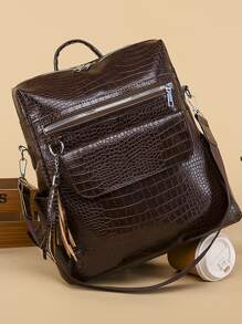 Crocodile Embossed Classic Backpack Minimalist Tassel Decor for Women, Rookies & White-collar Workers