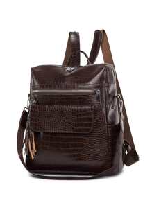 Crocodile Embossed Classic Backpack Minimalist Tassel Decor for Women, Rookies & White-collar Workers