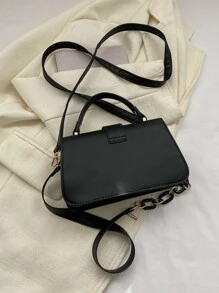 Small Square Bag Fashionable Metal Decor Top Handle Flap PU