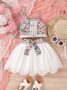 SHEIN Vintaside Kids 年輕女孩花卉印花背心上衣＆腰帶schiffy裙 - 彩色 - 查看 5