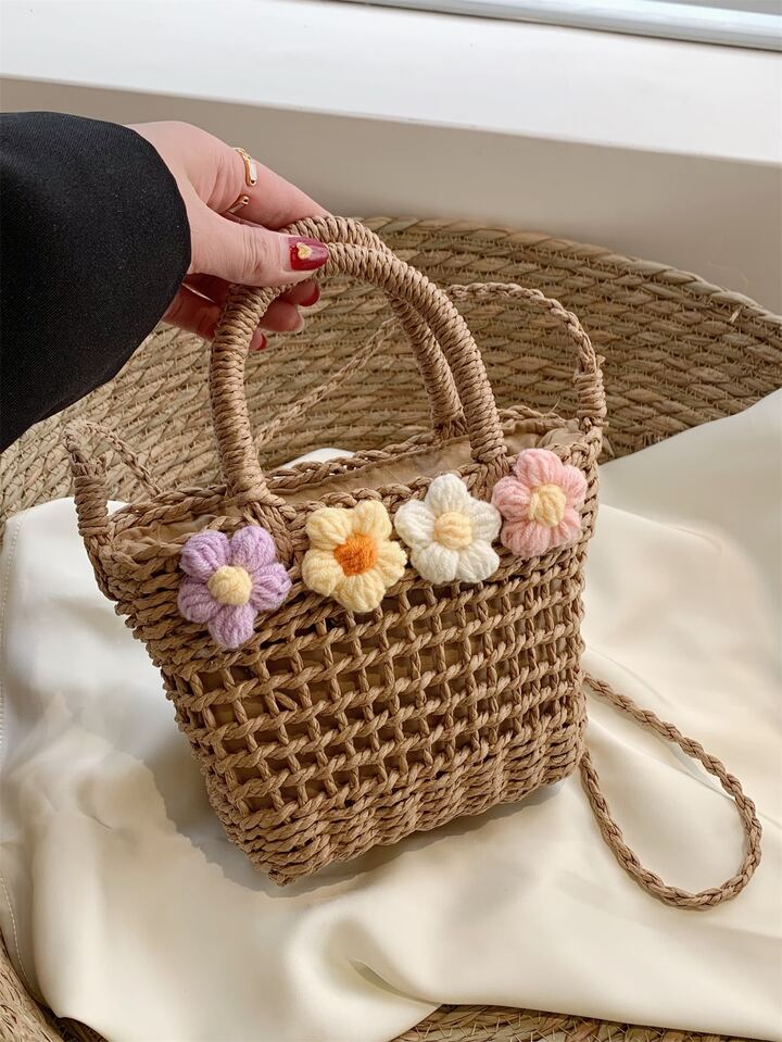 Mini Flower Decor Satchel Double Handle Straw Bag | SHEIN