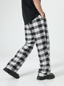 Manfinity Hombres Pantalones con estampado de cuadros de cintura con cordón - Blanco y Negro - Ver 3