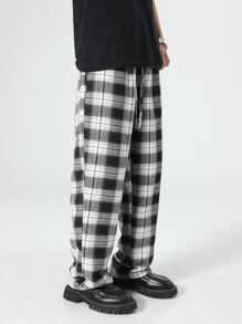 Manfinity Hombres Pantalones con estampado de cuadros de cintura con cordón - Blanco y Negro - Ver 4