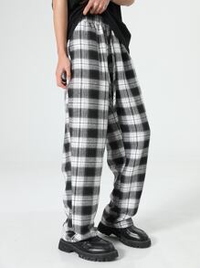 Manfinity Hombres Pantalones con estampado de cuadros de cintura con cordón - Blanco y Negro - Ver 5