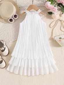 Elladie kids 年輕女孩蝴蝶結前束頸分層收邊連衣裙