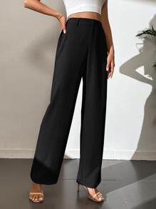 SHEIN Tall Women's Solid Color Wide Leg Pants Suitable For Commuting - Black - View 4