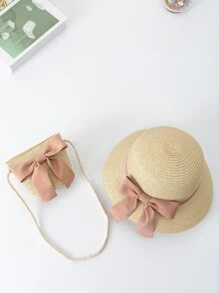 Girls Bow Decor Straw Bag With Straw Hat - Beige - View 1