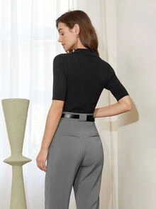 Solid Half Placket Knit Top - Black - View 2