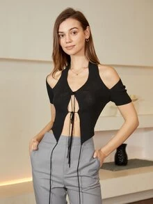 Nữ Cardigans Thắt nơ trước màu trơn Gợi cảm - màu đen - Xem 3