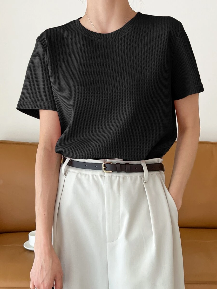 DAZY Chất rắn Dệt kim Waffle Áo thun - màu đen - Xem 1