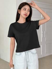 DAZY Chất rắn Dệt kim Waffle Áo thun - màu đen - Xem 3
