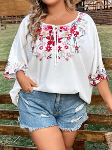 SHEIN Holidaya Plus Floral Print Batwing Sleeve Blouse - White - View 2