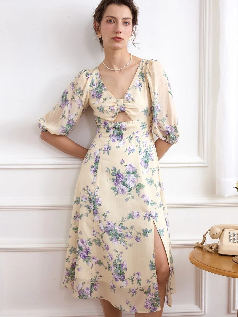 Simple Retro Đầm Cắt ra Dây kéo Tách cao Hoa Tất cả trên in Boho - Màu vàng - Xem 1