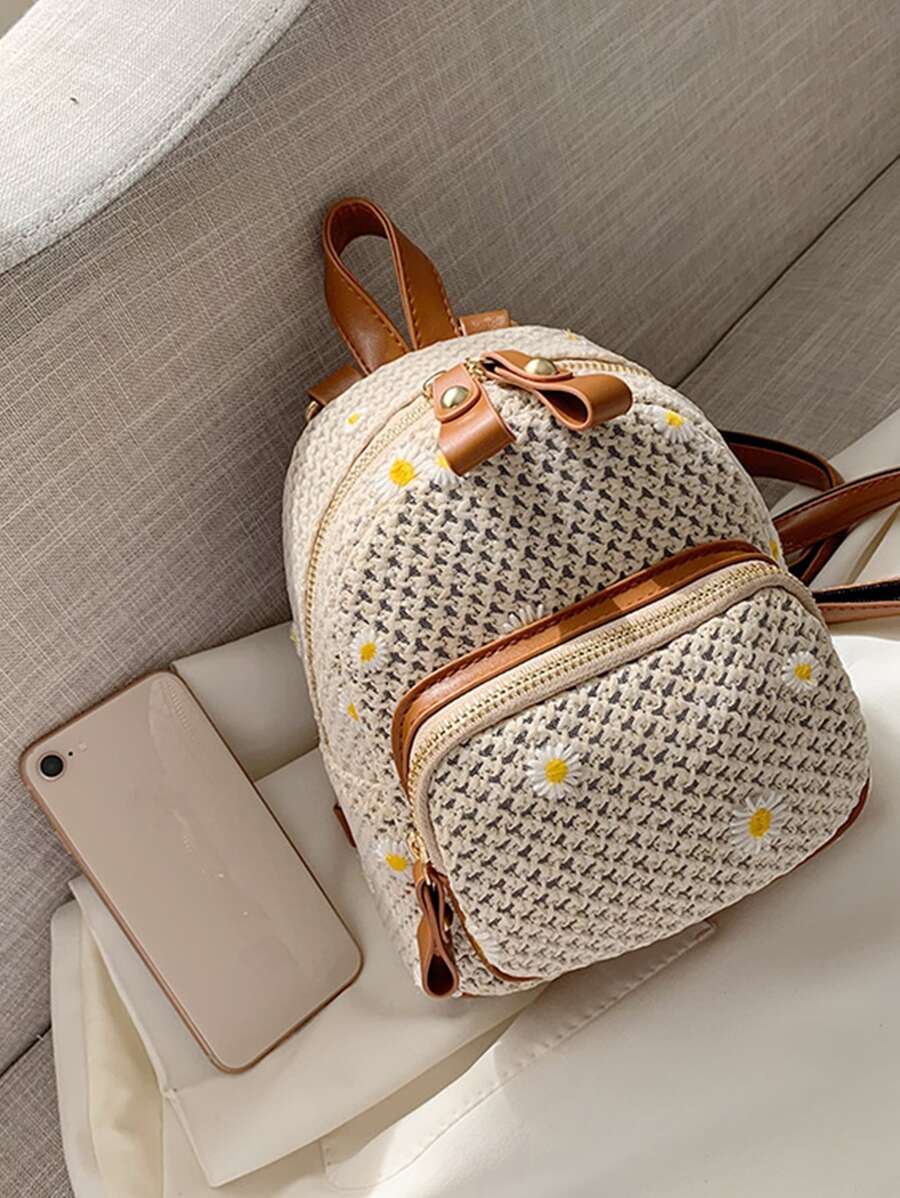 迷你時尚後背包花卉圖案草編包 - 彩色 - 查看 1