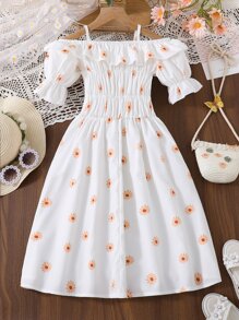 SHEIN Girls Floral Print Cold Shoulder Ruffle Trim Flounce Sleeve Dress - White - View 2