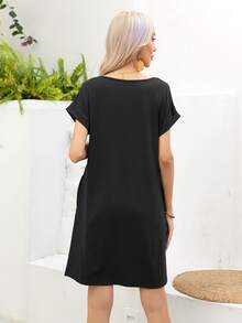 Solid Batwing Sleeve Tee Dress - Black - View 2