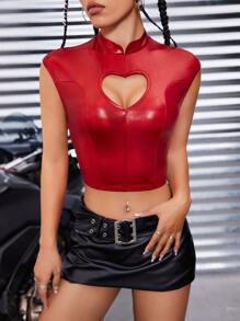 SHEIN ICON Bikercore Áo thun Cắt ra Cổ giả Mùa vụ chất liệu da PU - Đỏ - Xem 1