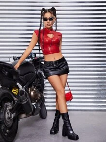 SHEIN ICON Bikercore Áo thun Cắt ra Cổ giả Mùa vụ chất liệu da PU - Đỏ - Xem 4
