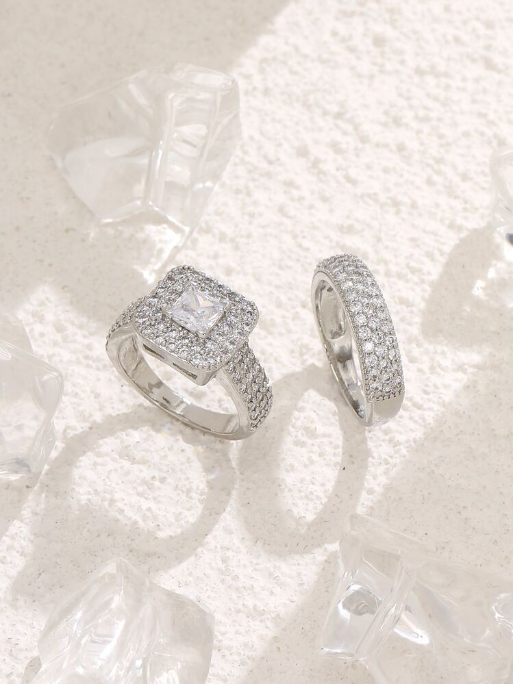 2pcs Geometric Cubic Zirconia Decor Ring - Silver - View 1