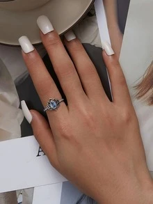 1 Miếng Xanh Hoa sen Retro Nhẫn Quý cô Đồ kim hoàn Bạc nguyên chất Tốt Đồ trang sức Mặc hàng ngày Món quà - Màu xanh lam - Xem 2