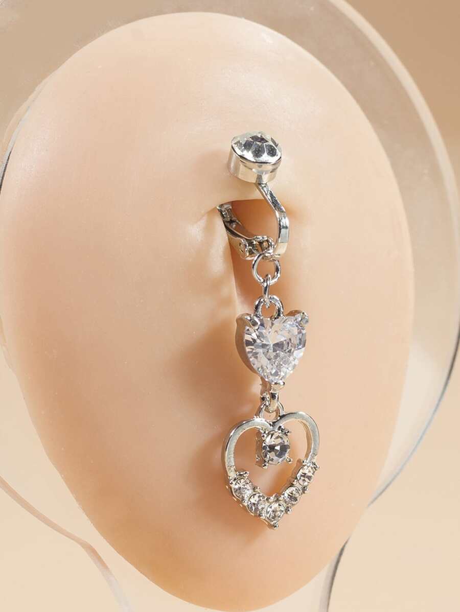 1 件时尚新款心形假肚脐环，带水钻细节，适合女性在夜总会派对、暑假旅行时佩戴 - 銀色 - 查看 1