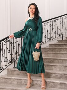 Modelyn Asymmetrical Neck Lantern Sleeve Pleated Hem Belted Dress - Dark Green - View 1