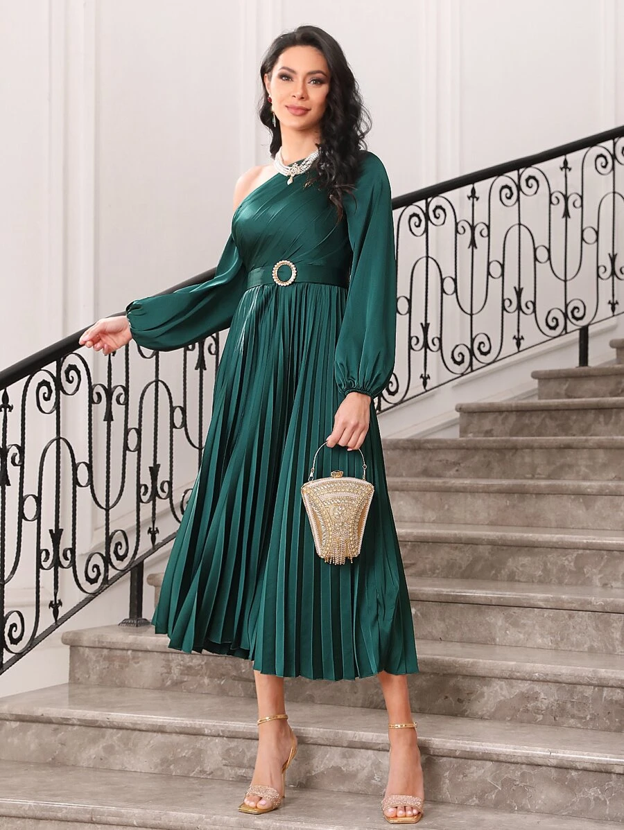 Modelyn Asymmetrical Neck Lantern Sleeve Pleated Hem Belted Dress - Dark Green - View 1