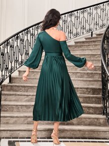 Modelyn Asymmetrical Neck Lantern Sleeve Pleated Hem Belted Dress - Dark Green - View 2
