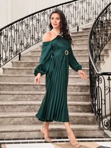 Modelyn Asymmetrical Neck Lantern Sleeve Pleated Hem Belted Dress - Dark Green - View 3