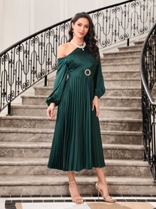 Modelyn Asymmetrical Neck Lantern Sleeve Pleated Hem Belted Dress - Dark Green - View 4