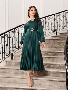 Modelyn Asymmetrical Neck Lantern Sleeve Pleated Hem Belted Dress - Dark Green - View 5