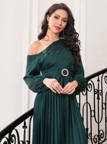 Modelyn Asymmetrical Neck Lantern Sleeve Pleated Hem Belted Dress - Dark Green - View 6