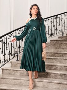 Modelyn Asymmetrical Neck Lantern Sleeve Pleated Hem Belted Dress - Dark Green - View 7