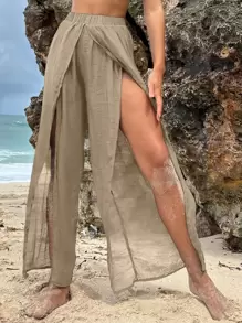 Wrap Hem Wide Leg Cover Up Pants - Khaki - View 1