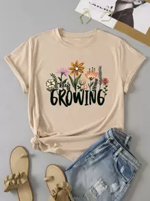 SHEIN LUNE Plus Floral And Letter Graphic Tee - Khaki - View 1