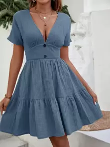 SHEIN LUNE Vestido de cuello profundo bajo con fruncido - Neblina azul - Ver 4