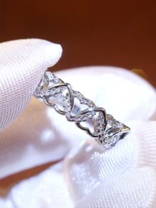 方晶鋯石愛心裝飾開口戒指 - 銀色 - 查看 2