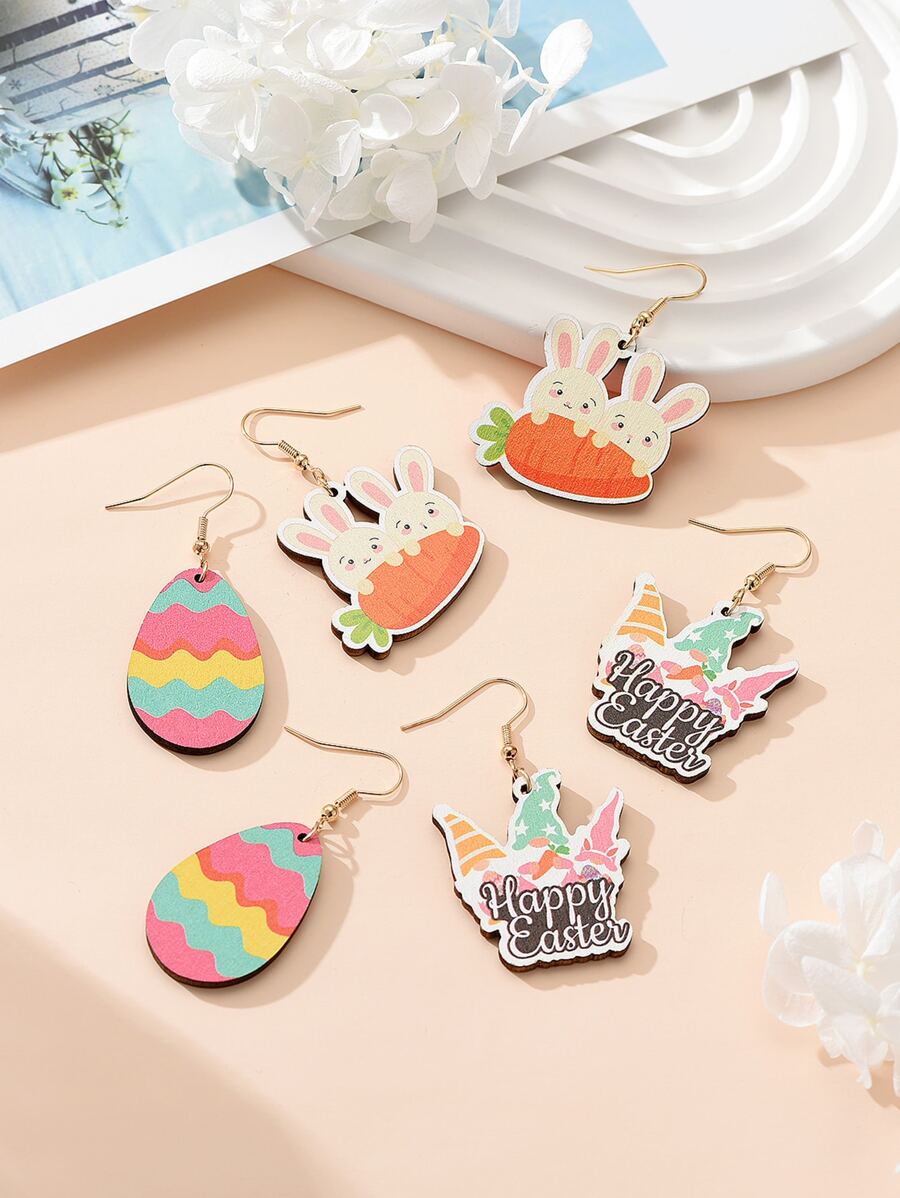 3 cặp/bộ Trứng Phục Sinh & Bông Tai Trang Trí Hình Thỏ Phục Sinh - Nhiều màu - Xem 1