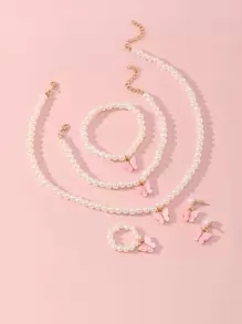 5 pcs/set Cute Butterfly & Faux Pearl Dekorasi Set Perhiasan Untuk Anak Perempuan Untuk Dekorasi Sehari-hari - Berwarna merah muda - View 1