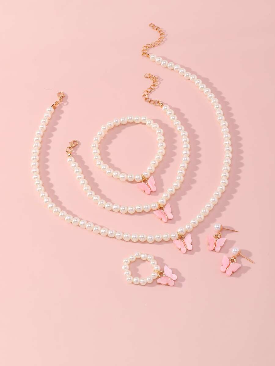 5 pcs/set Cute Butterfly & Faux Pearl Dekorasi Set Perhiasan Untuk Anak Perempuan Untuk Dekorasi Sehari-hari - Berwarna merah muda - View 1