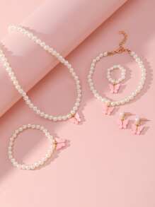 5 pcs/set Cute Butterfly & Faux Pearl Dekorasi Set Perhiasan Untuk Anak Perempuan Untuk Dekorasi Sehari-hari - Berwarna merah muda - View 2