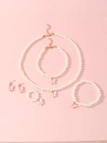 5 pcs/set Cute Butterfly & Faux Pearl Dekorasi Set Perhiasan Untuk Anak Perempuan Untuk Dekorasi Sehari-hari - Berwarna merah muda - View 4