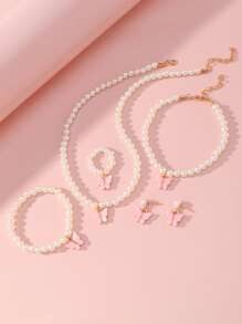 5 pcs/set Cute Butterfly & Faux Pearl Dekorasi Set Perhiasan Untuk Anak Perempuan Untuk Dekorasi Sehari-hari - Berwarna merah muda - View 5